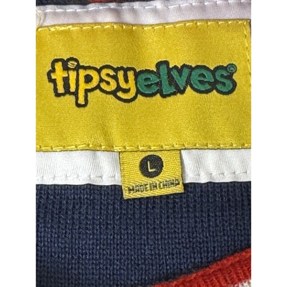 Tipsy Elves Size L Big Package Ugly Christmas Sweater Navy Blue Red White Stripe - Picture 6 of 7